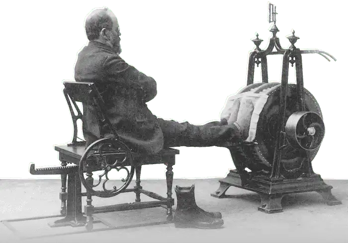 an older gentleman interacting with a piece of 19th century gym equipment